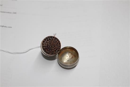 An 18th century silver acorn shaped nutmeg grater, makers mark only, David Field?, 37mm, gross 18 grams.